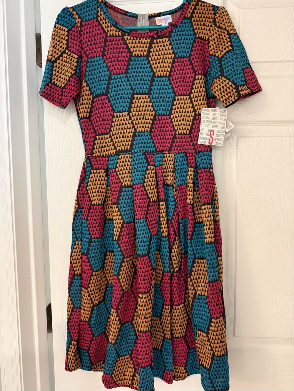 LuLaRoe Amelia dress- Geometric Fit & Flare Dress - Teal, Mustard & Magenta